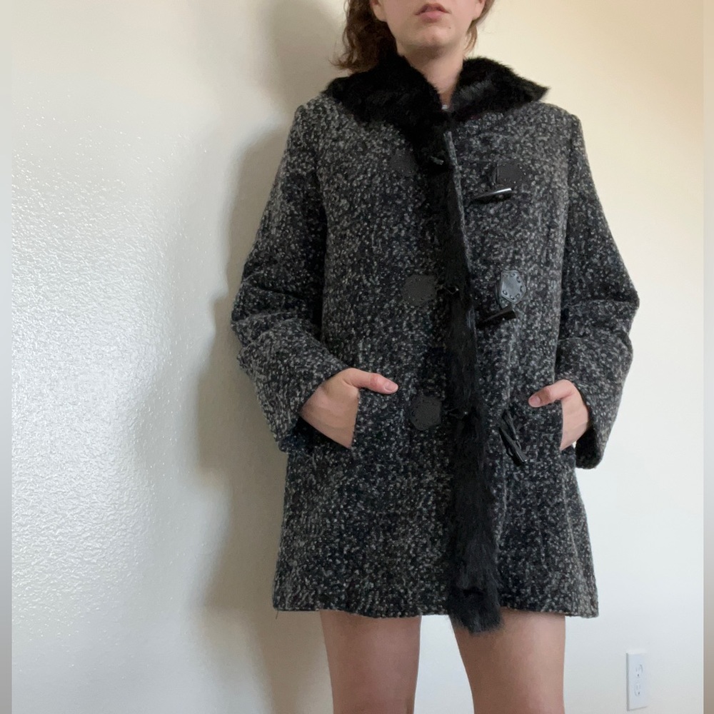 Dennis Basso Women's Wool Blend (7%) Faux Fur Coat Black and Grey